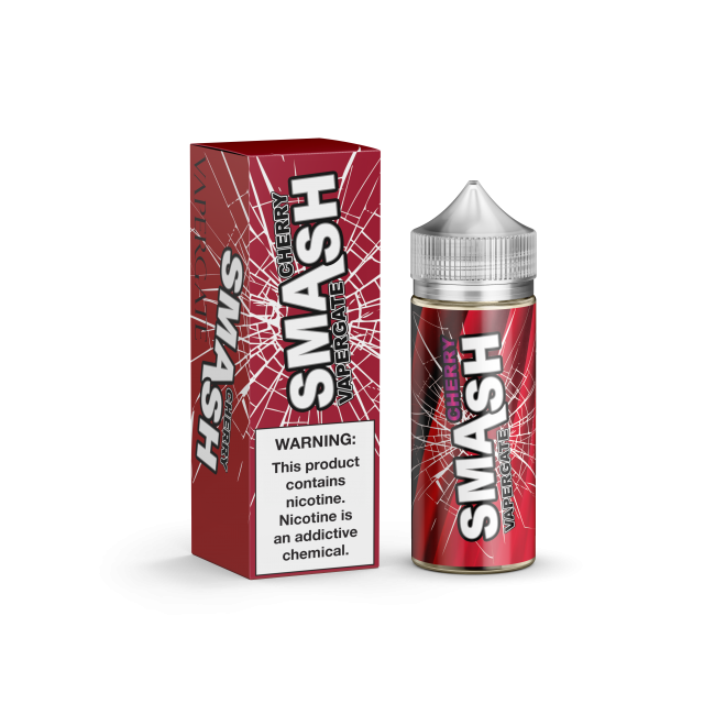 Vapergate Smash Cherry 100ML Vape Juice plastic bottle and box with dark red labels.