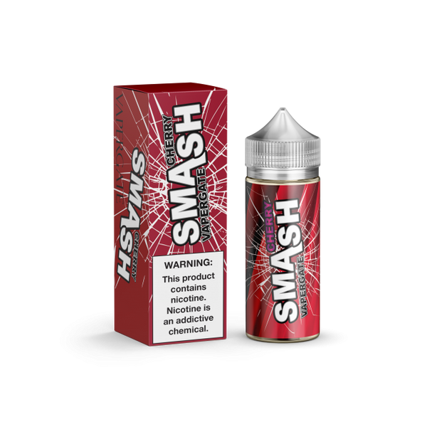 Vapergate Smash Cherry 100ML Vape Juice plastic bottle and box with dark red labels.